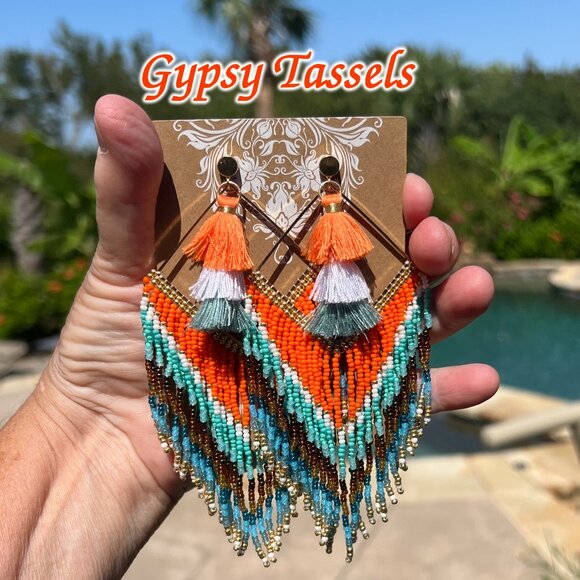 Handmade Beaded Long Tassel Fringe Dangle Drop Bohemian Post Diamond Earrings - Picture 8 of 8